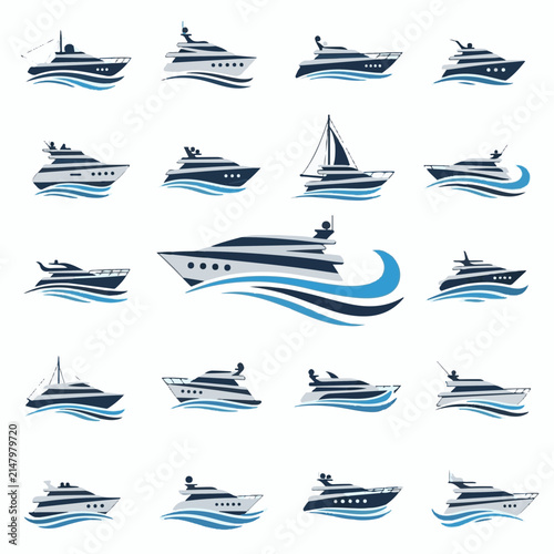 Modern yacht and boat icons set on blue water waves