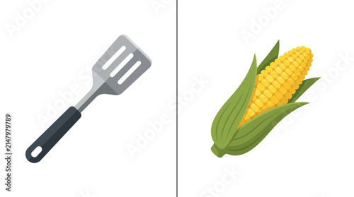 Flat vector illustration of kitchen spatula and fresh corn