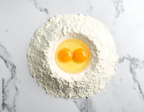 Overhead view of two cracked eggs in flour well on a marble surface, ready for mixing