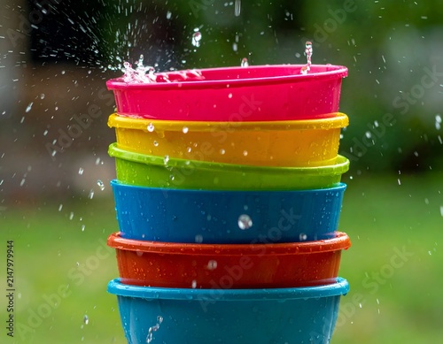A colorful stack of plastic bowls with water droplets splashing upwards, outdoors