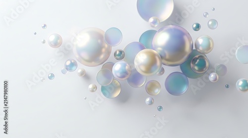 Iridescent Spheres and Bubbles Floating on a White Surface