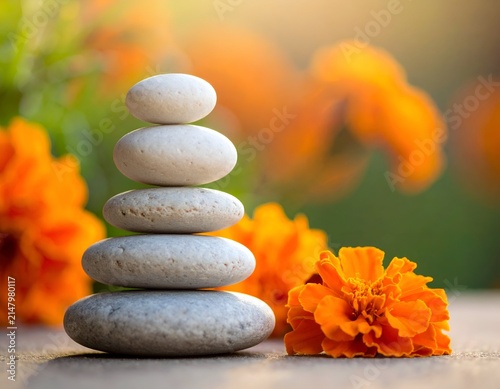 Smooth stones stacked atop each other in a meditative tower, framed by orange flowers