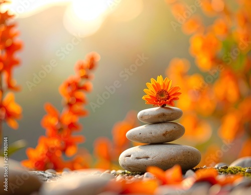 A stack of smooth stones topped with a single orange flower in a natural, blurred setting