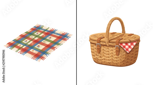 Wicker picnic basket and checkered blanket vector set