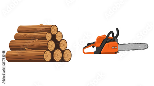 Wooden logs stack and orange chainsaw vector illustration set