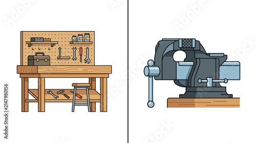 Wooden workbench with toolset and heavy duty metal bench vise illustration