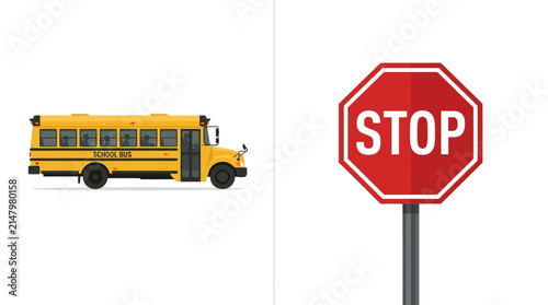 Yellow school bus and red stop sign vector illustration