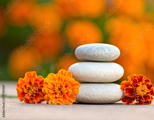 Serene image of stacked stones and vibrant orange flowers in natural setting