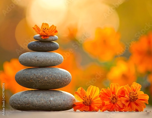 A zen stone stack with orange blooms, bathed in golden sunlight