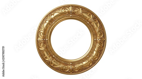Elegant ornate round gold picture frame isolated on white background.