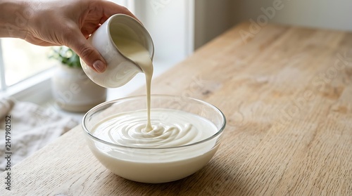 Hand Pouring Cream Into A Glass Bowl On A Wooden Table