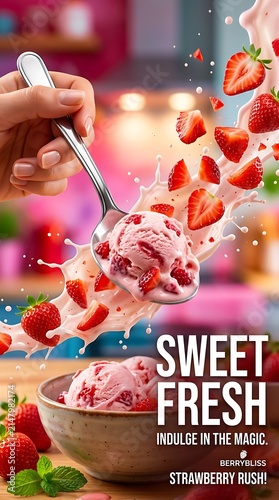 Hand holding spoon full of strawberry ice cream with splashing strawberries and bowl