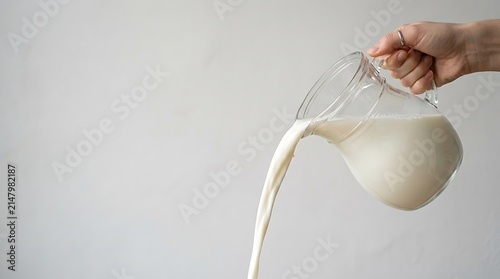 Hand Pouring Milk From a Glass Pitcher Into an Unseen Container