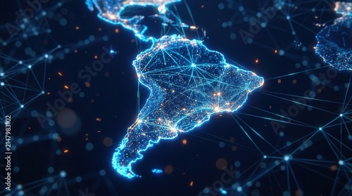 Digital map of South America featuring a global network connection with glowing blue and orange lights.