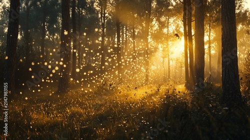 Sunny woodland scene with magical orbs and tall trees