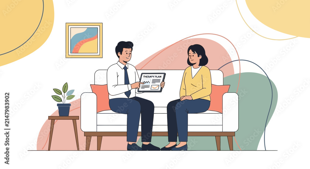 Fototapeta premium Doctor Discussing Medical Plan with Patient on Sofa in Clinic Office