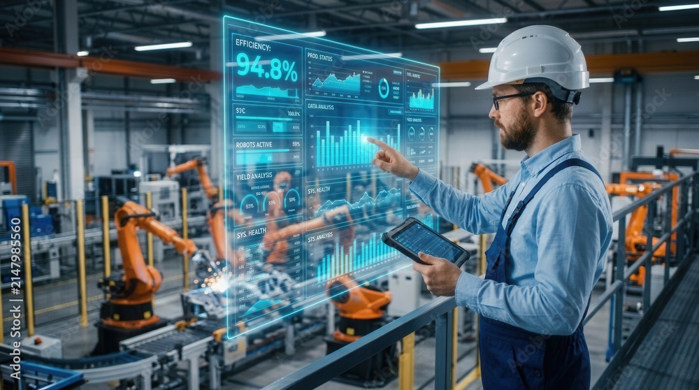 Fototapeta premium Engineer uses tablet in high tech factory with robotic arms