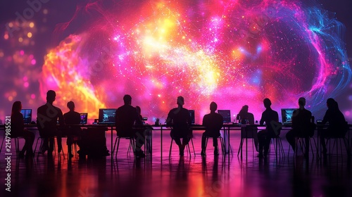 Team faces a vibrant, cosmic display on screens in a modern, darkened workspace