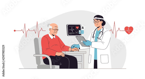 Doctor examining elderly patient's health with vital signs monitor and EKG
