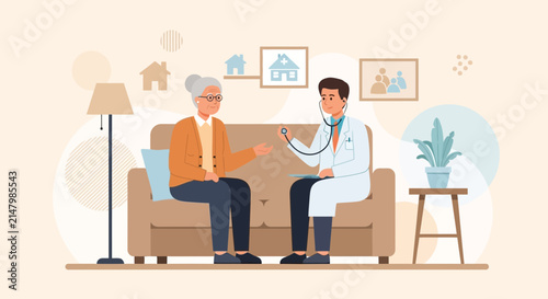 Doctor examining elderly woman at home, healthcare, medical consultation, patient care