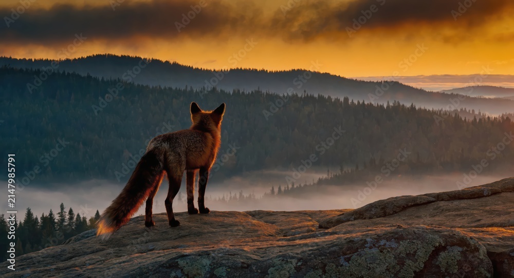 Fototapeta premium Red fox standing on rocky overlook surveying misty forested hills at sunrise with warm golden light and layered distant ridgelines