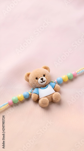 Cute Teddy Bear Rakhi with Colorful Beads on Soft Pink Background for Raksha Bandhan Celebration