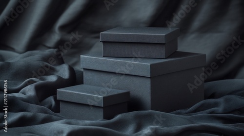 Three dark grey gift boxes stacked on dark fabric