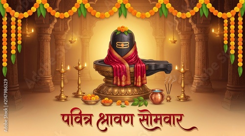 Sacred Shravan Somvar Shivling worship with glowing temple lamps floral decoration and devotional spiritual ambience