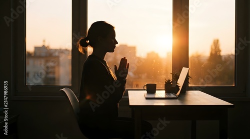 A silhouette of a woman practicing meditation and mindfulness by a window at sunset to promote peace and balance during world mental health day observance