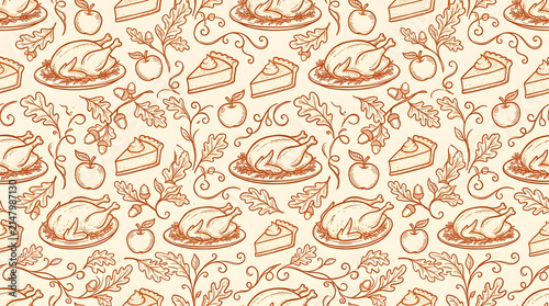 Seamless pattern with hand drawn thanksgiving elements like roasted turkey pumpkin pie and autumn leaves on a light beige background for seasonal design