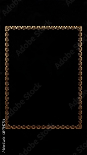 黒背景に扇模様の縦長な金の飾り枠 / Vertical golden decorative frame with fan pattern on black background (Generative AI)
