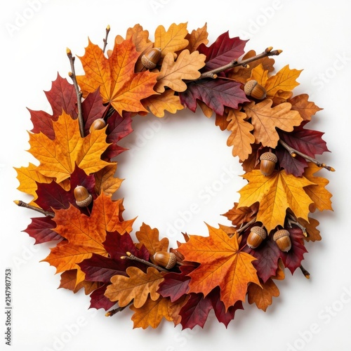 Autumn leaf wreath for seasonal home decor. Handcrafted fall foliage garland with acorns and maple leaves.