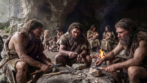 A prehistoric family inside a cave, where three cavemen are meticulously crafting and knapping stone tools over mossy logs and a larger collection of finished tools.