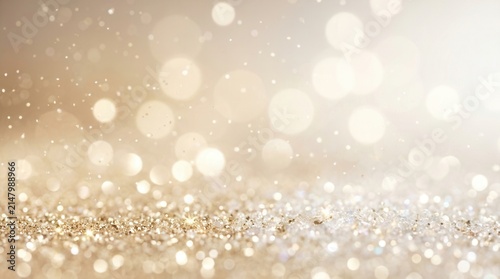 Abstract golden and white background with festive bokeh and glitter.