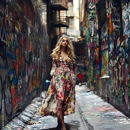 Trendy young woman walking through a lively city alley filled with bright and colorful street art