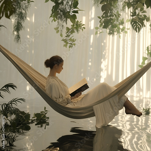 Calm woman enjoying a book in a peaceful indoor garden filled with gentle curtains and vibrant plants