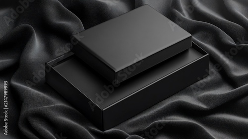 Two matte black boxes atop dark fabric
