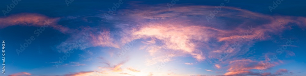 Obraz premium Sunset sky panorama featuring vibrant pink and orange clouds against a deep blue evening heaven with copy space for design