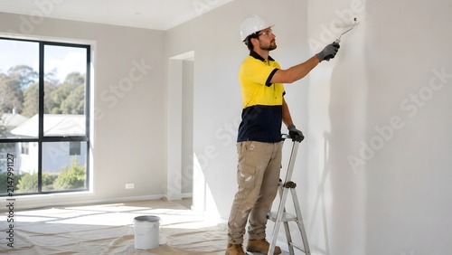 Australian Painter Applying White Paint to Interior Wall in a New Home