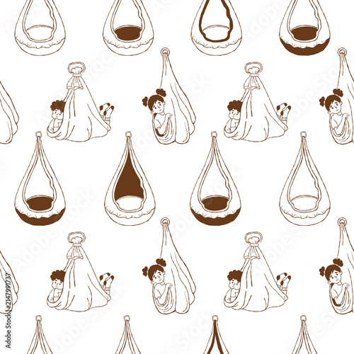 Seamless Pattern Sensory Therapy Swing with Kids. Occupational Vestibular Training Pod Hammock Line Art Background. Hand Drawn