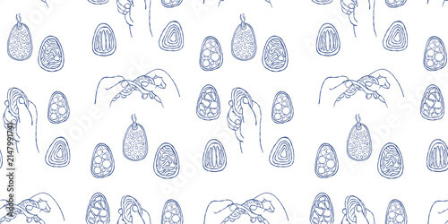 Sensory Fidget Toy Seamless Pattern. Tactile Worry Stone in Hands, Chew Necklace Background. Line Art Hand Drawn