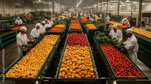 Vast produce processing facility; workers sort ripe tomatoes, oranges, and peppers