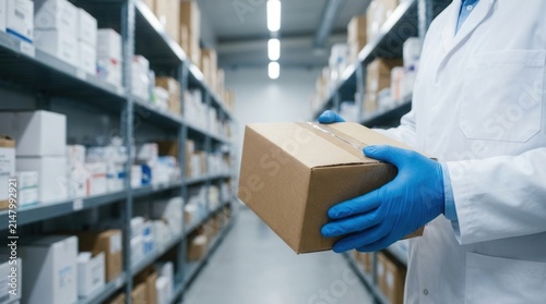 Ready for shipping medical supplies from online order, a pharmacist in blue gloves holds a parcel.