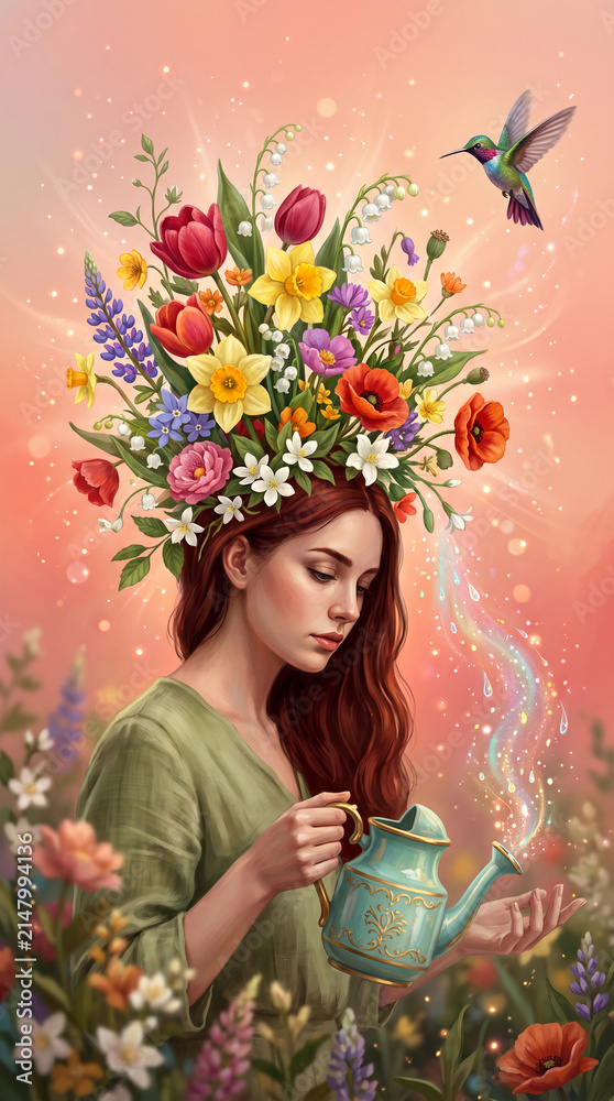 Obraz premium Woman with flower crown watering garden, hummingbird flying above, symbolizing growth, nature, and spring magic