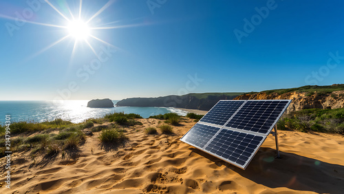 Solar Panel on Sandy Coastline with Bright Sun and Ocean View