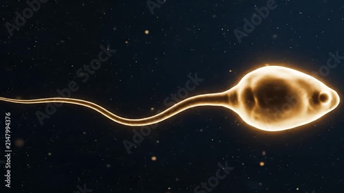 Single golden sperm cell swimming across dark background showing healthy motility and morphology