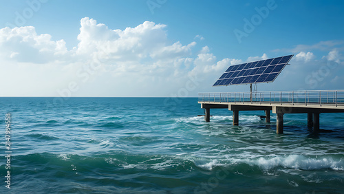 Solar Panel Umbrella on Pier Over Ocean, Renewable Energy Concept, Blue Sky and Water