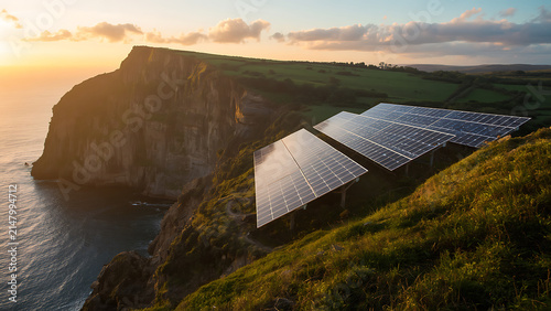 Solar panels on a coastal cliff at sunset, generating clean energy with ocean and sky background.