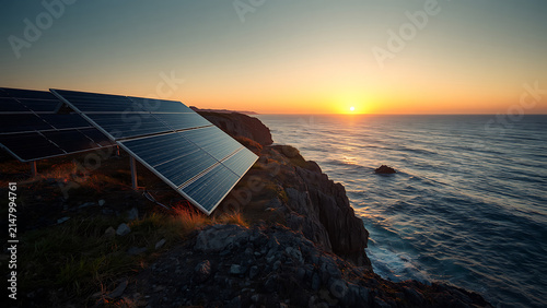 Solar Panels on Coastal Cliff at Sunset - Renewable Energy Source Over Ocean