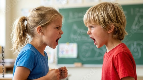 Siblings quarrel loudly in a dispute, exhibiting aggressive behavior and strong emotions.